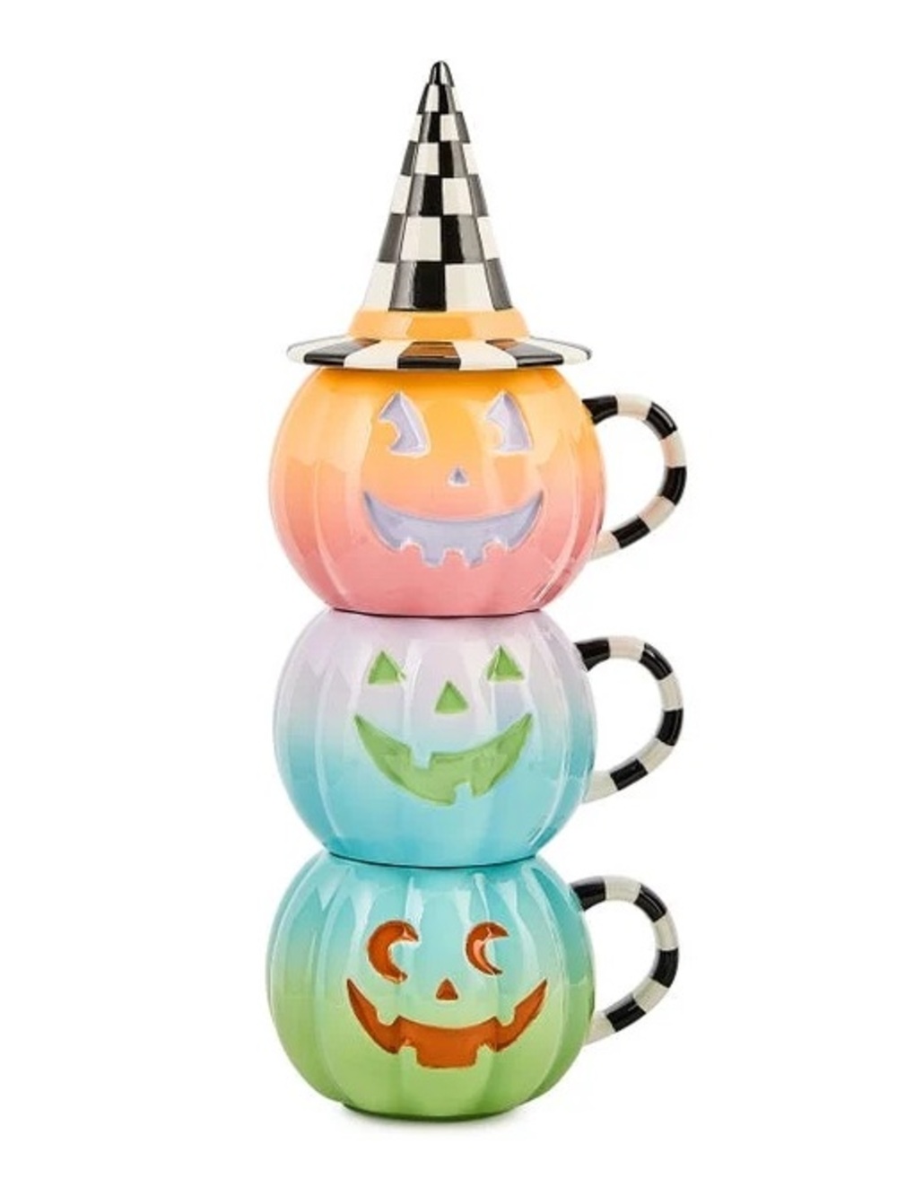 Mackenzie Childs Stackable Pastel Pumpkin Mug Set with Witch Hat Lid NWT